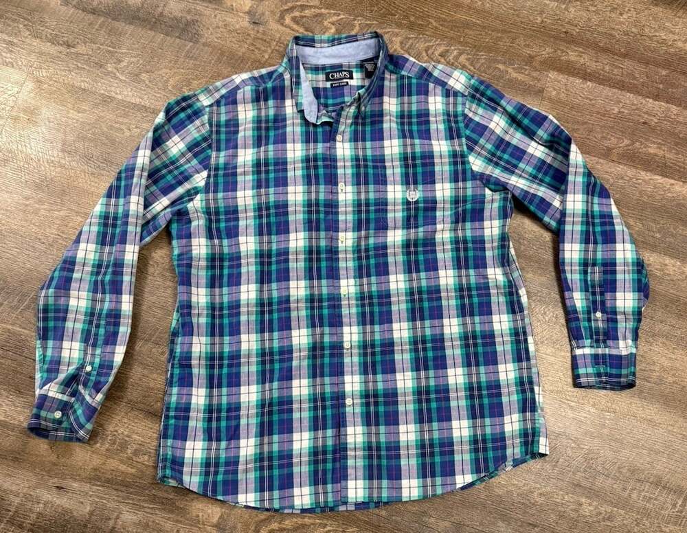 Chaps Easy Care Green Blue Plaid Shirt Mens XXL Button Up Long Slv Cotton Blend